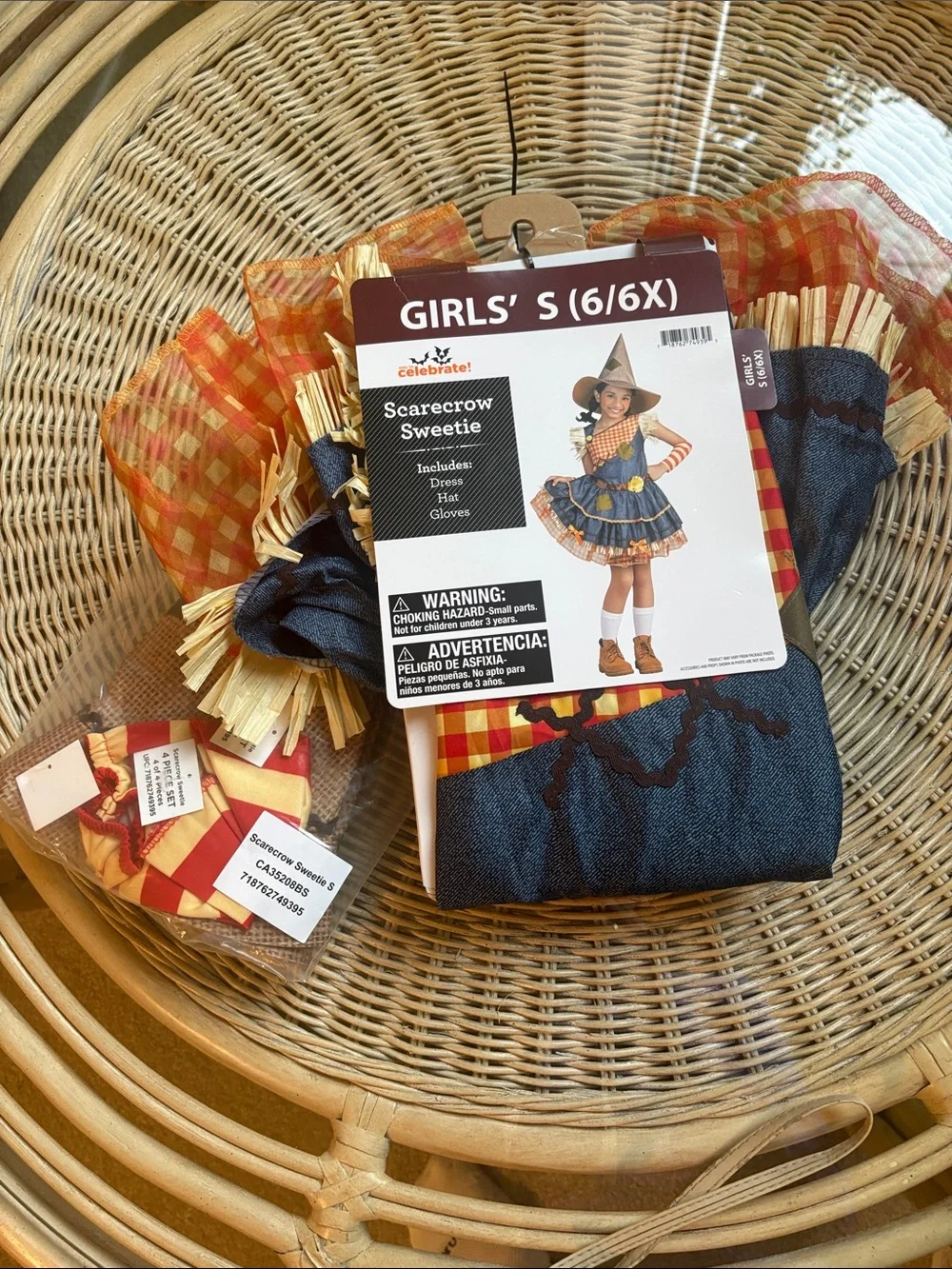NWT Celebrate! Girls' Scarecrow Sweetie Costume - Orange & Blue (Size 6/6X)